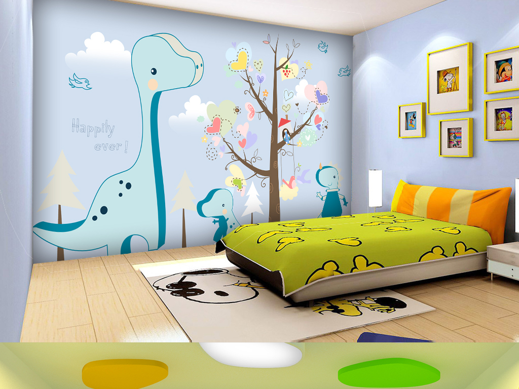 卡通森林小恐龙大树儿童房背景墙