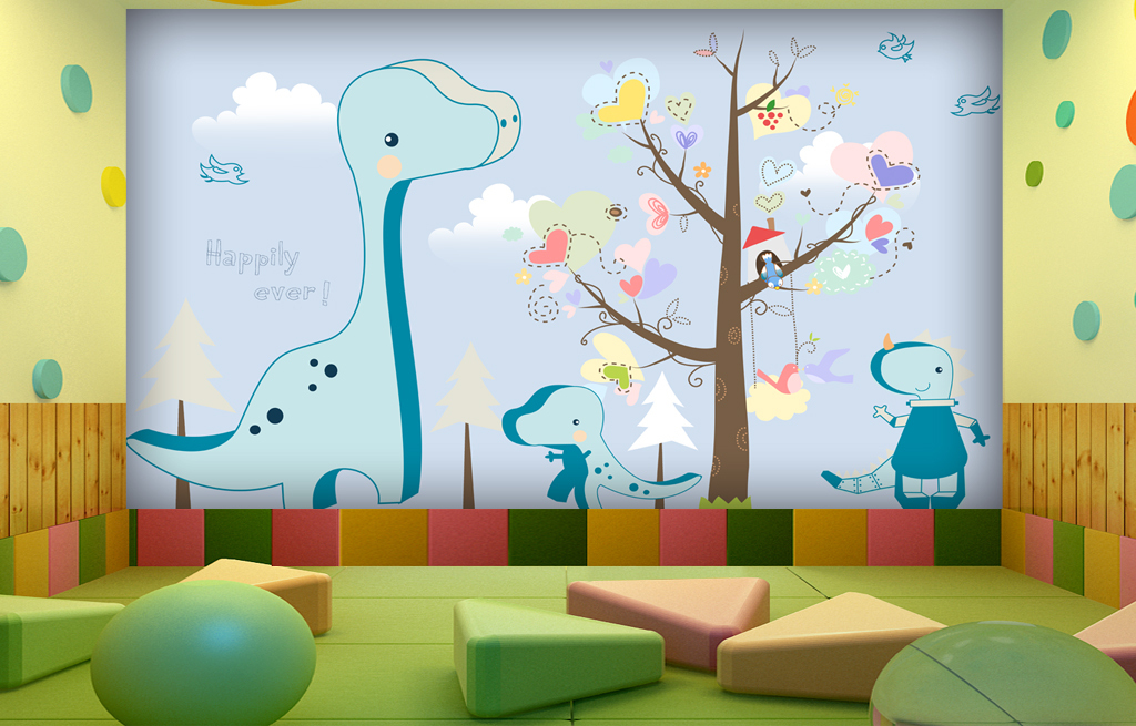 卡通森林小恐龙大树儿童房背景墙