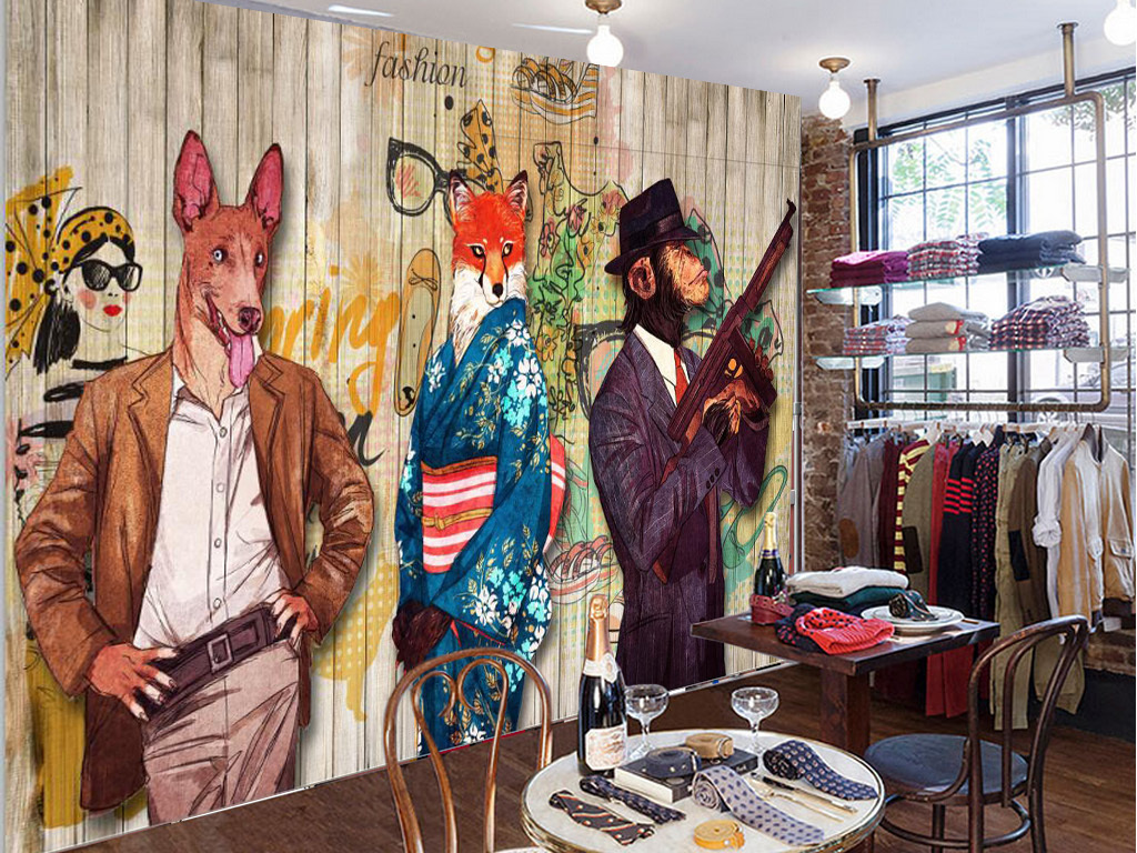 背景墙 工装背景墙 卖场|服装店背景墙 > 复古手绘时尚抽象动物时装店