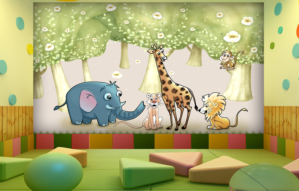 欧美手绘卡通森林动物园儿童房幼儿园背景墙图片设计素材-高清psd模板