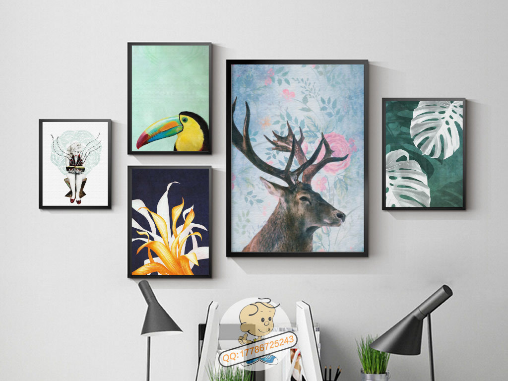 北欧麋鹿热带植物五联装饰画下载-编号16387975-动物装饰画-我图网