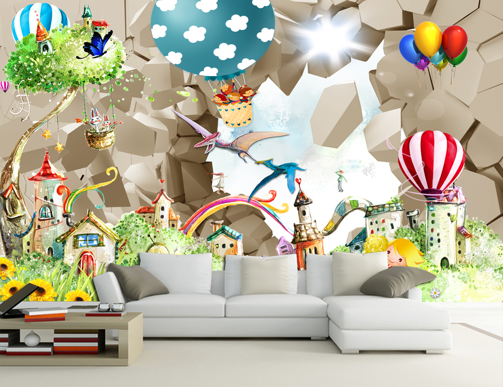 3d儿童房壁画3d手绘卡通儿童房背景墙