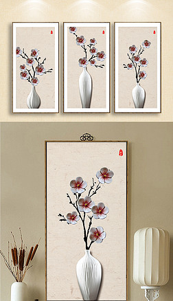 抽象梅花花瓶无框画手绘浮雕新中式三联画素材下载