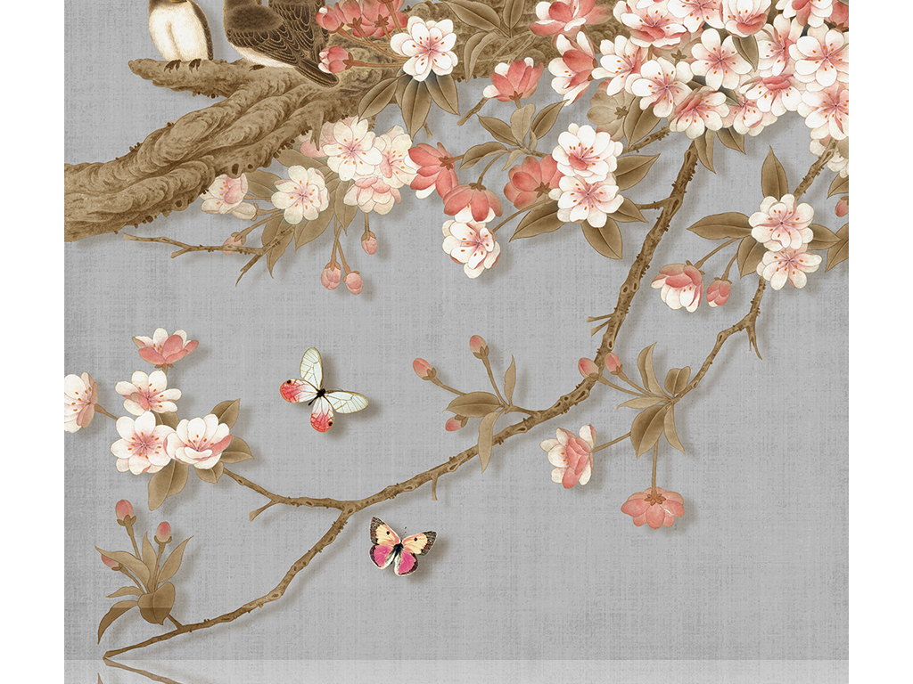 玄关 中式玄关 动物花鸟玄关 > 工笔海棠玄关背景墙 素材图片参数