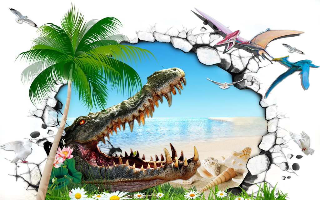 3d恐龙鳄鱼唯美卡通背景墙壁画