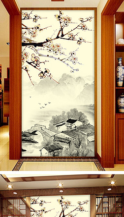 水墨山水画忆江南梅花新中式玄关背景墙墙画