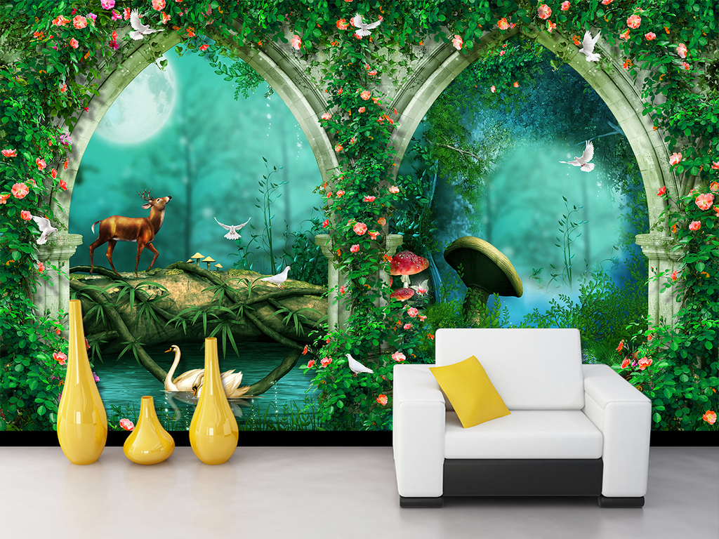 超唯美梦幻拱门童话森林电视沙发背景墙