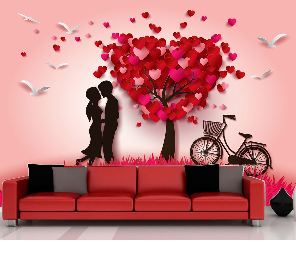 爱情浪漫卡通情侣现代壁画红色电视背景墙