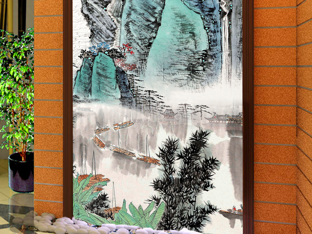 山水国画水墨画旭日东升客厅玄关