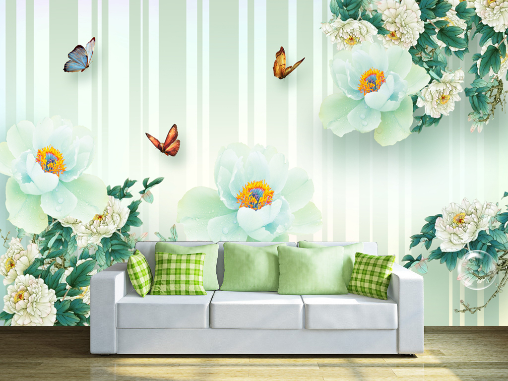 牡丹花蝴蝶淡雅时尚电视背景墙