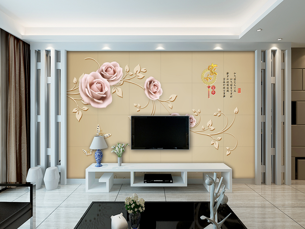 家和3d立体浮雕花朵富贵花卉电视背景墙