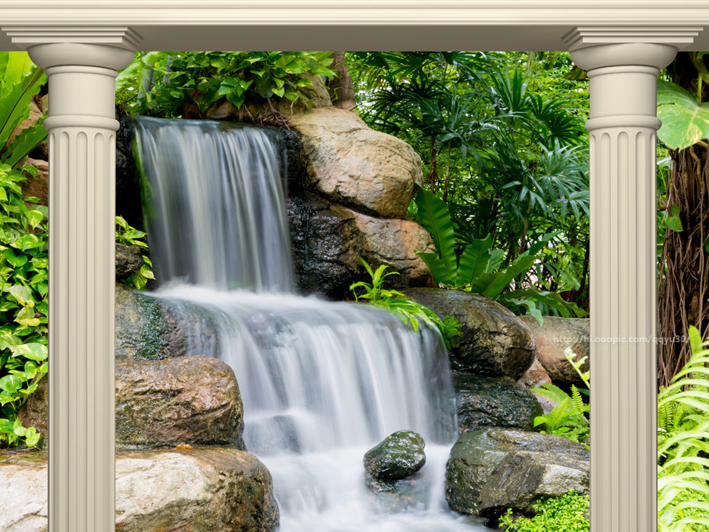 罗马柱瀑布风景3d玄关