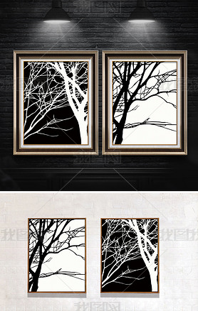 经典复古黑白树干二联装饰画无框画