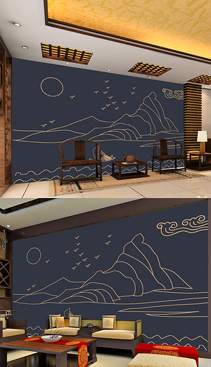 原创新中式手绘线条山水画背景墙版权可商用