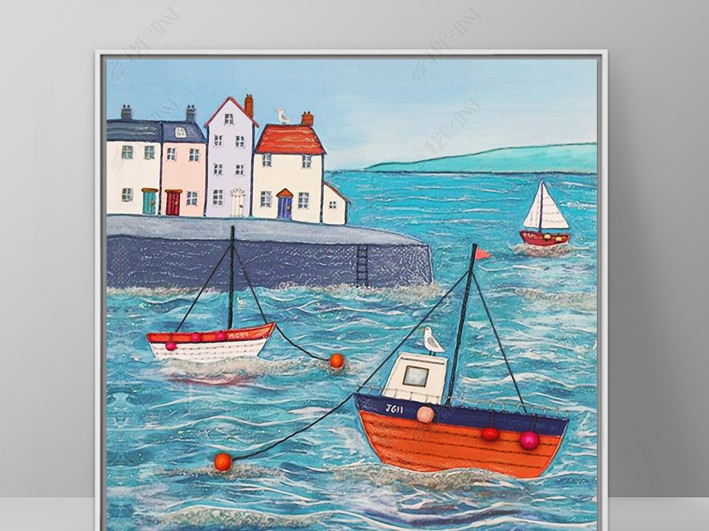 原创台风来临前的海边泊船北欧风景欧式装饰画版权可商用