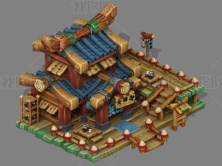 酒馆古代背景游戏模型|古代q版酒馆木房建筑