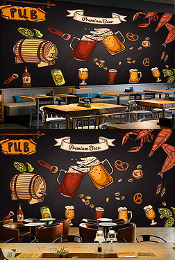 欧美手绘黑板啤酒小龙虾酒吧咖啡店背景墙