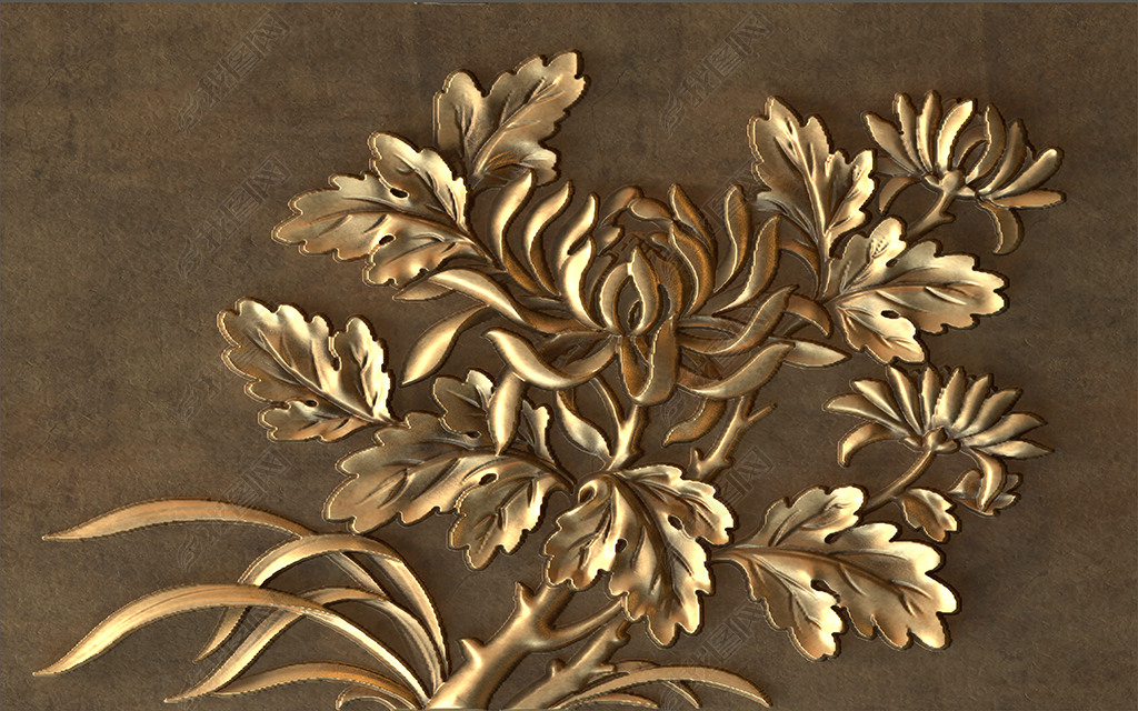 原创浮雕铜雕金雕古铜菊花文化墙3d立体酒店前台大堂背景墙版权可商用