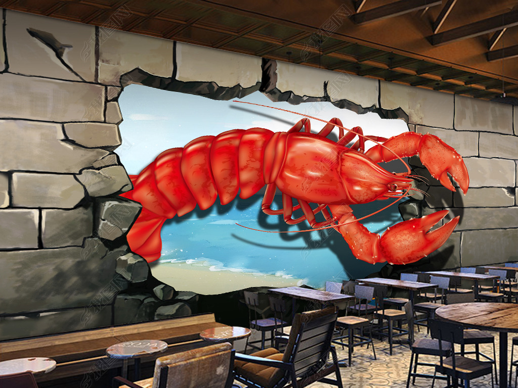 手绘龙虾破墙而入背景墙
