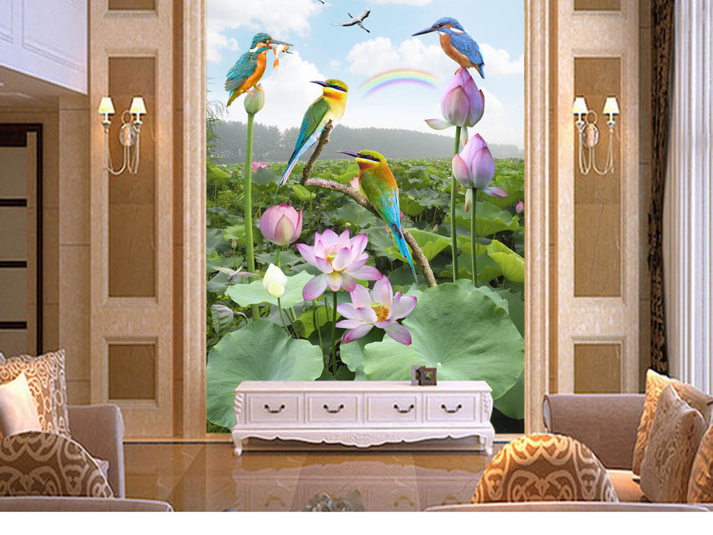鸟语花香高清风景画荷塘翠鸟家和玄关背景墙