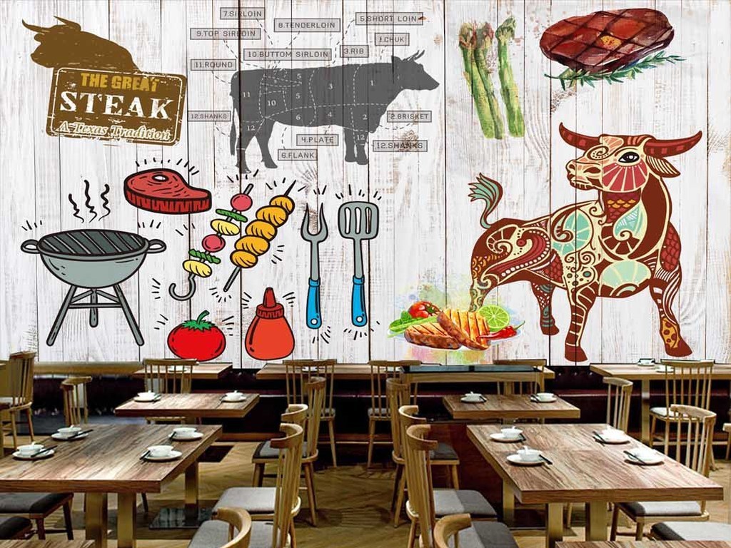 木板英文牛排烤肉火锅料理店工装背景墙