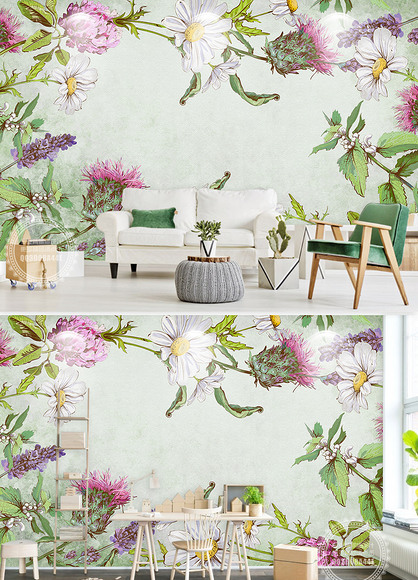 手绘水彩田园风花朵背景墙