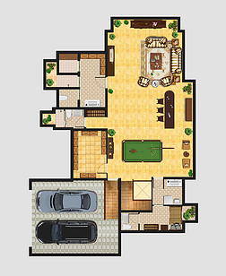 高清别墅一层户型彩色平面图psd分层素材