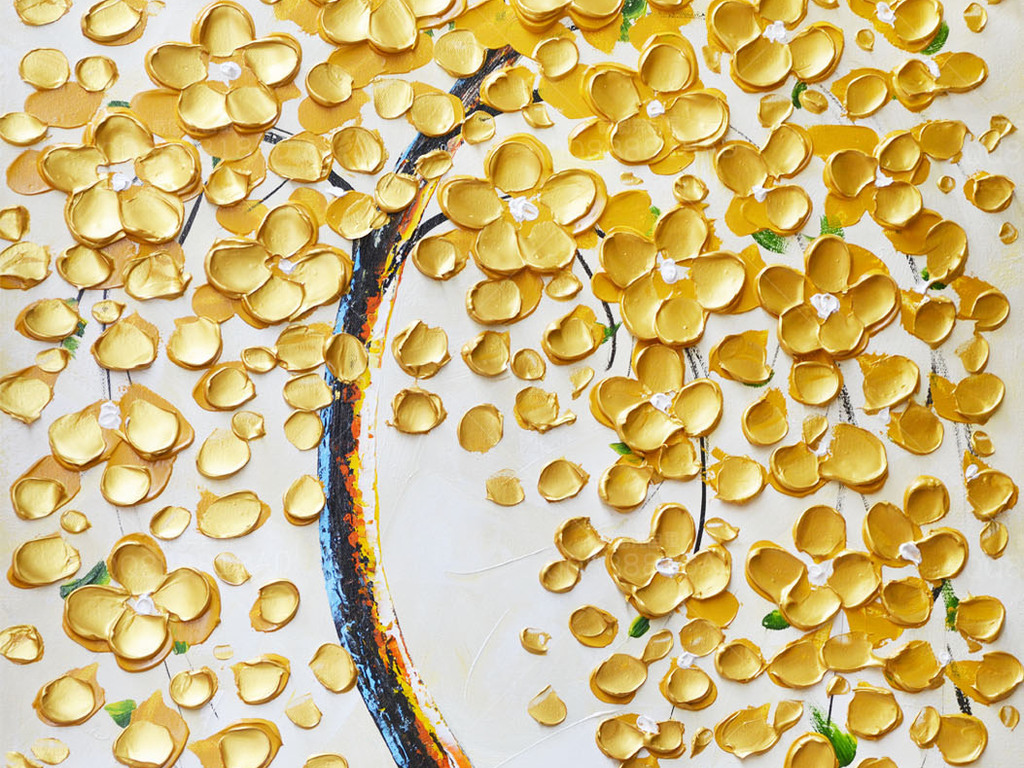 原创黄金立体发财树纯手绘巨幅高清艺术油画玄关