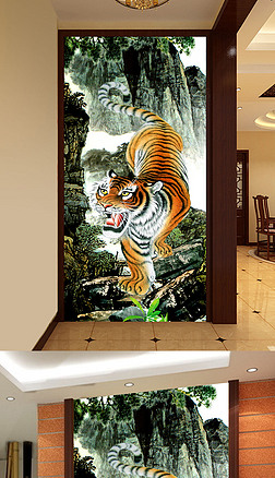 新中式山水国画猛虎下山玄关背景墙装饰画