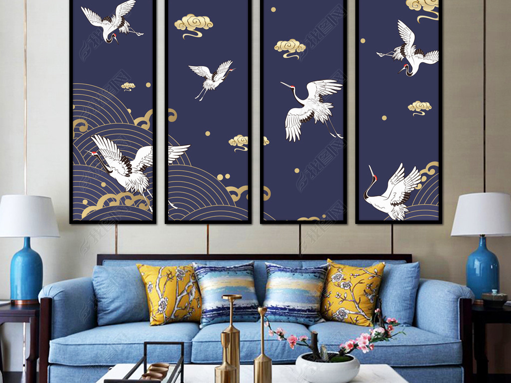 新中式仙鹤飞舞装饰画四联屏无框画中国风