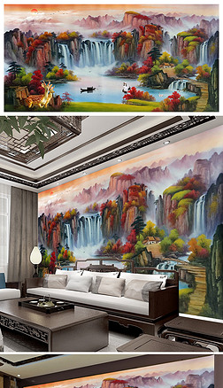 旭日东升聚宝盆山水画风景大型工装壁画