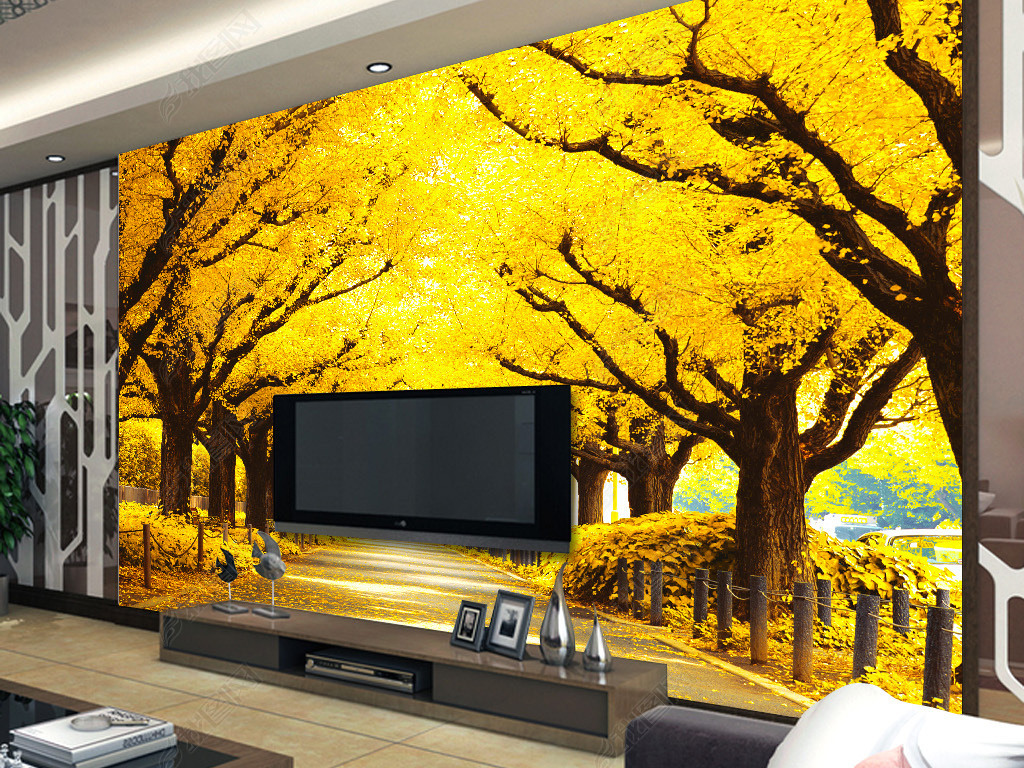 原创满地黄金风景电视背景墙版权可商用