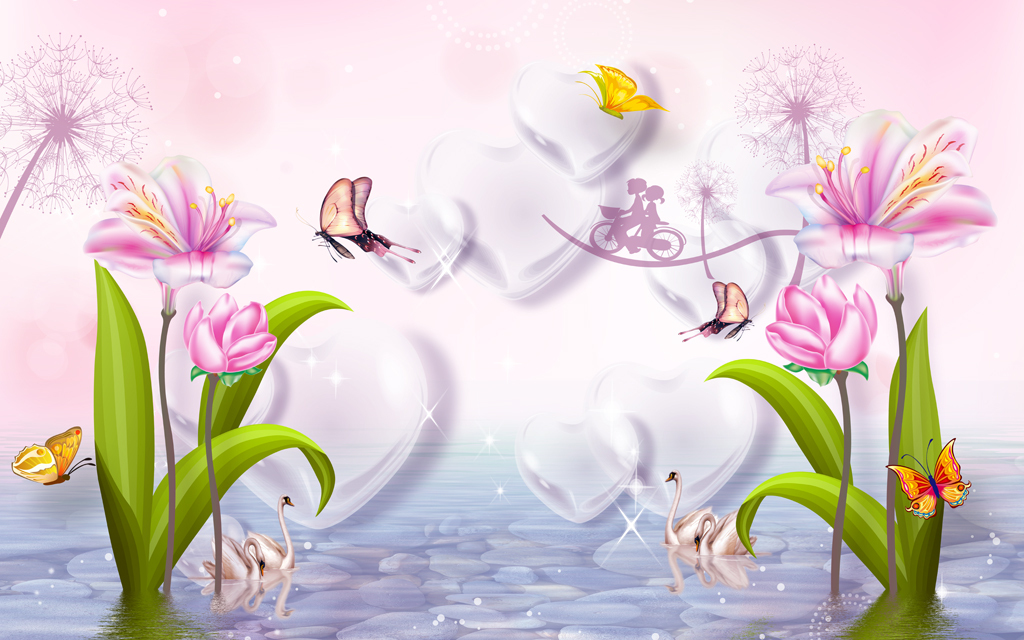 梦幻百合花3d爱心电视背景墙