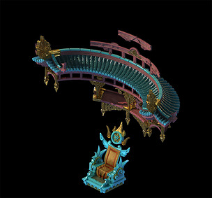 原创q版游戏宝座和半环形通道环形瓦顶模型版权可商用