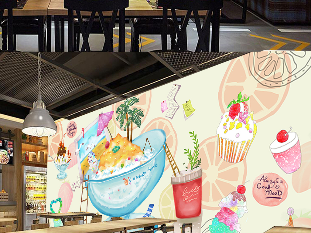 手绘冷饮甜品店咖啡屋背景墙
