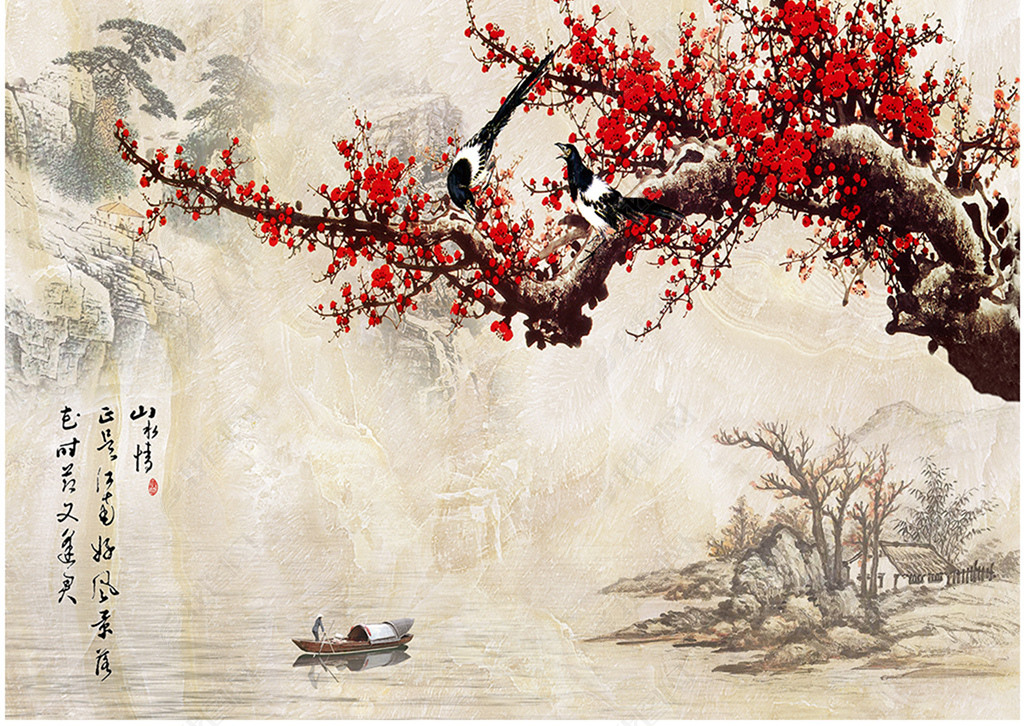 大理石梅花山水画电视背景墙水墨壁画