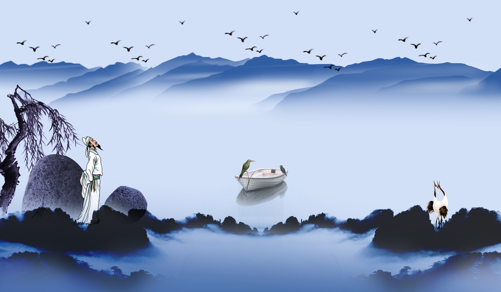 新中式水墨背景墙蓝色水墨背景意境水墨背景图片设计素材-高清psd模板