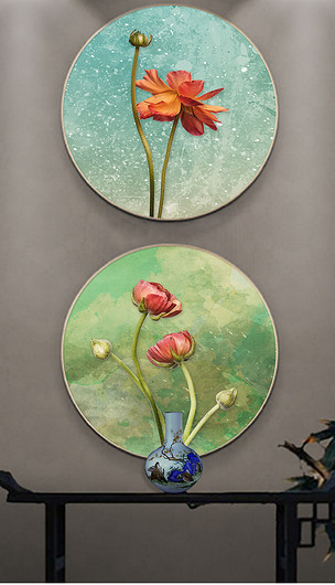 新中式写意荷花客厅装饰画三联画圆形挂画