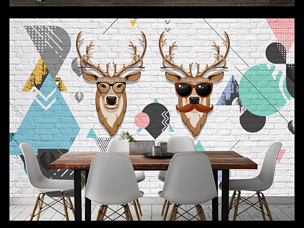 北欧手绘立体鹿头三角形白砖墙壁画背景墙