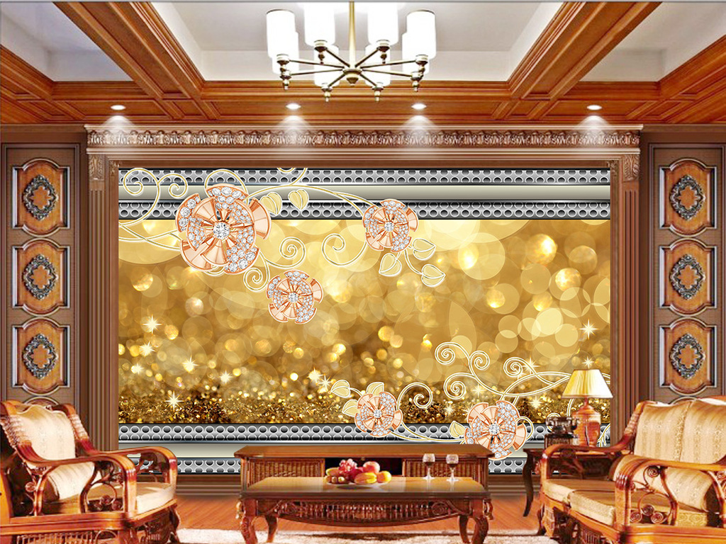 华丽轻奢线条黄金首饰珠宝背景墙装饰画