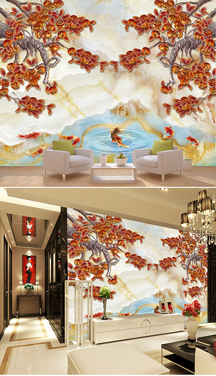 招财进宝鲤鱼九鱼图中式大理石纹理背景墙画