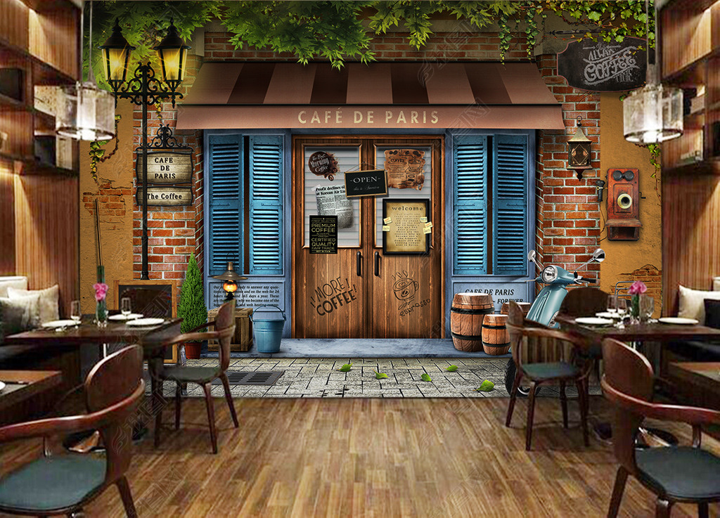 复古怀旧巴黎咖啡馆背景墙