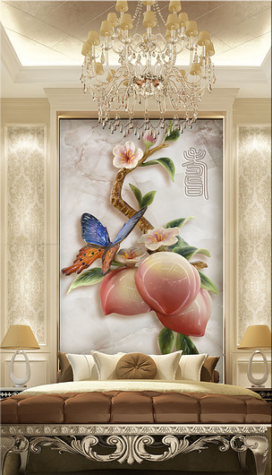 新中式浮雕寿桃花鸟画壁画玄关图