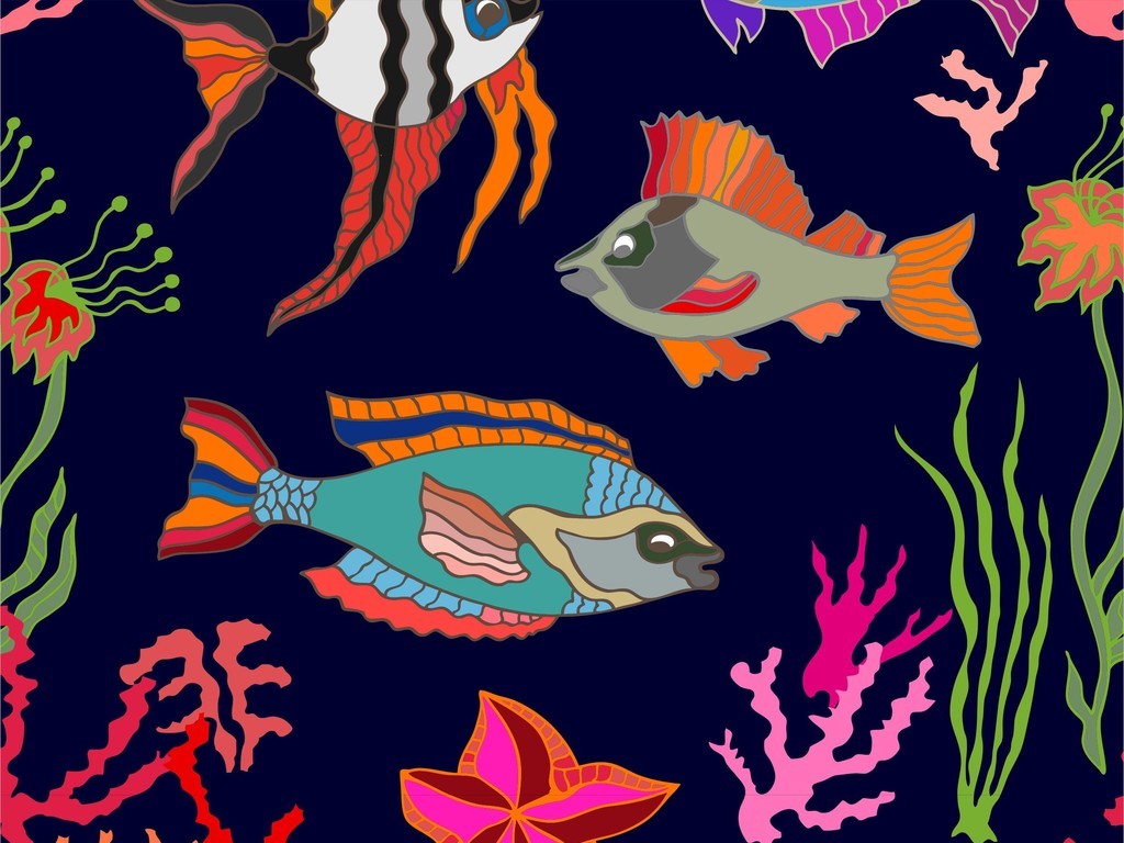 海洋鱼类植物花卉海藻图案彩绘卡通图案印花