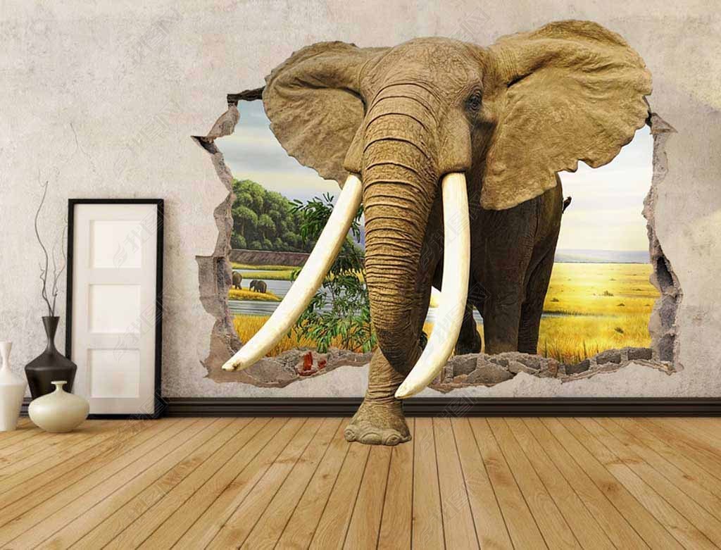 高清大象墙洞3d背景墙背景画