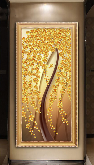 发财树金色花朵抽象树黄金玄关过道背景墙