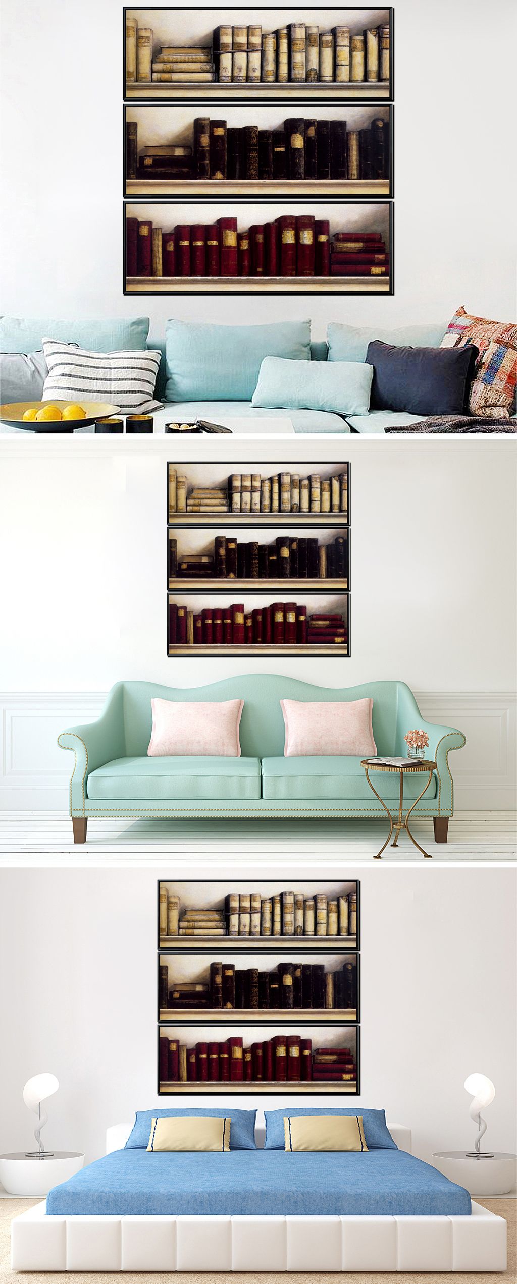 欧美复古书籍书香三联装饰画无框画