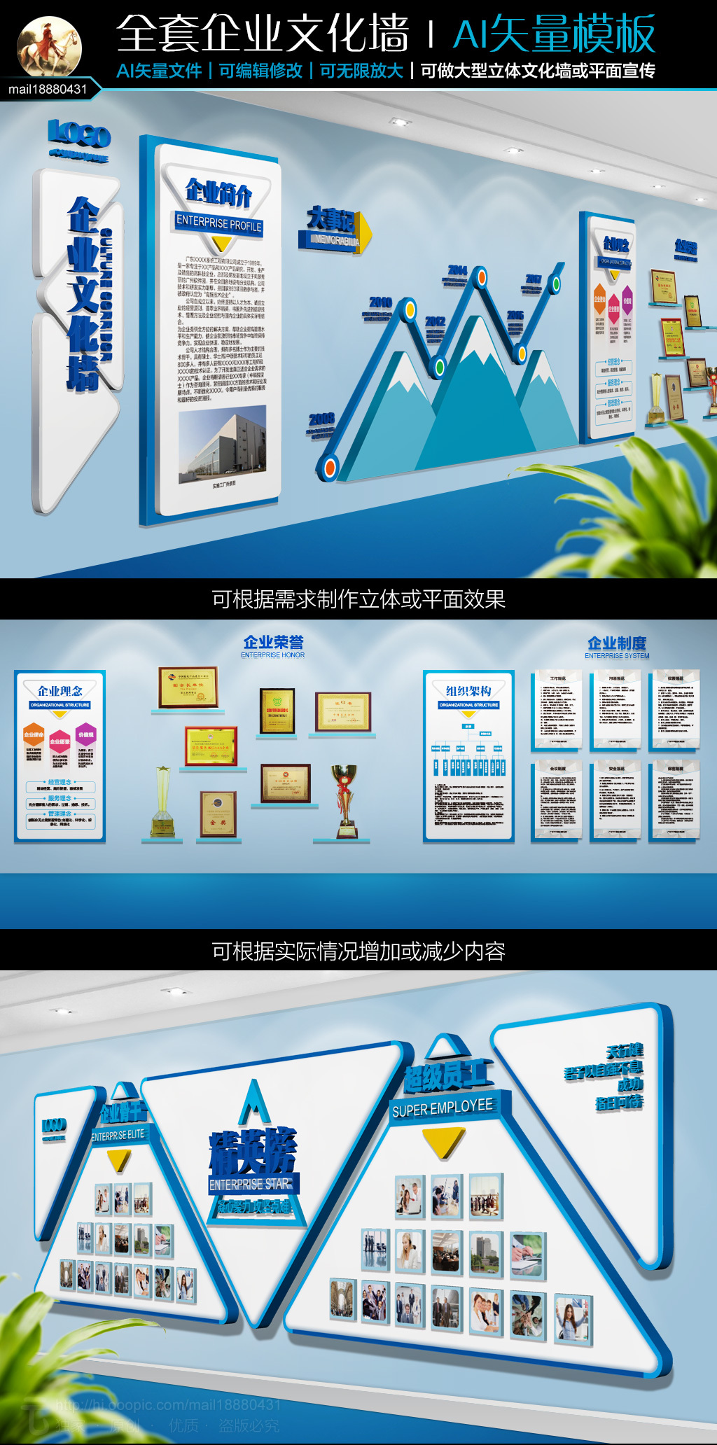 全套蓝色大气系列企业文化墙高档文化长廊