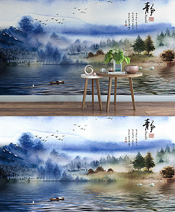 静水彩意境山水背景墙