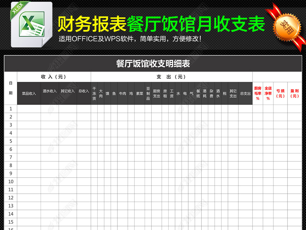 餐厅饭店财务日常收支明细表月报表下载-编号16674015-记账表-我图网